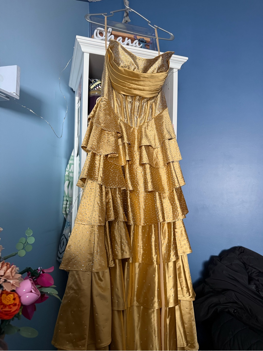Gold Strapless Tiered Ruffle Formal Gown